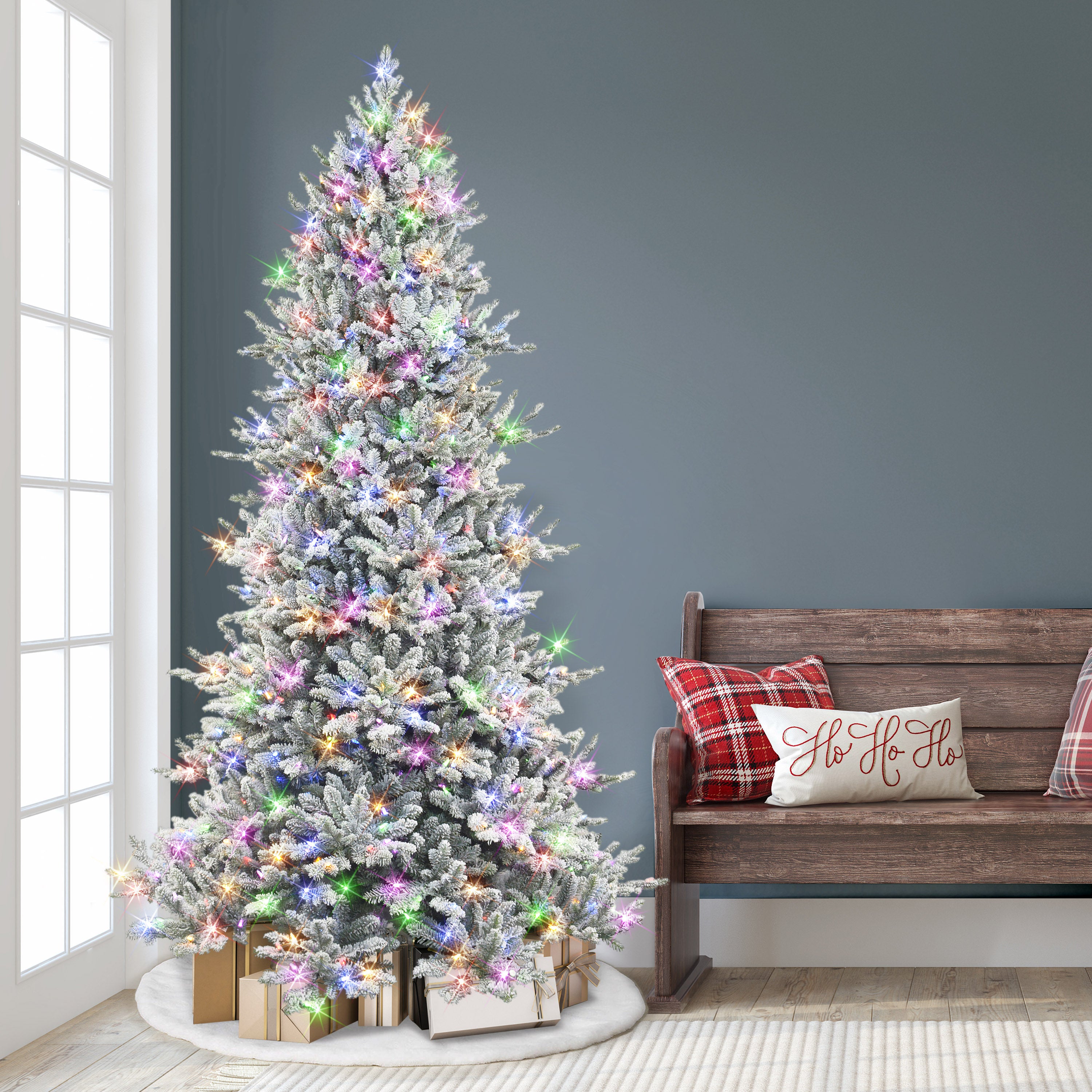 7.5ft Pre-lit Flocked Royal Majestic Douglas Fir Downswept Christmas Tree Sure-Lit Pole® 700 Dual Color LED Lights Metal Stand Green